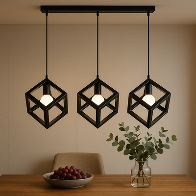 Cube Shape Chandelier, STRUKTUR Linear Trio, 3x E27, Black, Metal