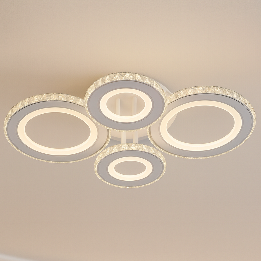 LED chandelier with remote control and crystal NOVA ROTONDA RGB 86W, 4 Circles, Cold/Warm/Neutral light, Dimmable, White
