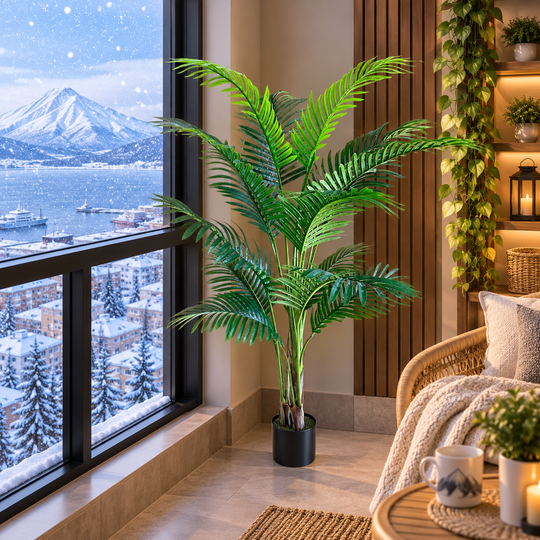 Kentia Palm Tree Artificial Plant, 3 stems, 17 leaves, 160 cm, Green, with Pot
