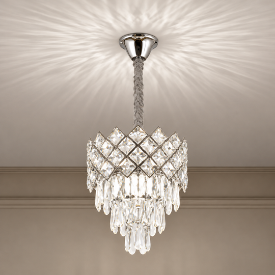 Crystal Chandelier VECTORIA Petito 3xE14, Diameter 28cm, Shiny Chrome, Adjustable Height, Metal and Crystal