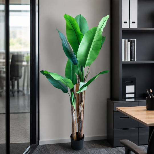 Artificial Banana Tree Plant, 160 cm, 2 stems, 10 leaves, Green, with Pot