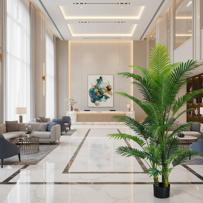 Decorațiune Palmier Kentia, 3 tulpini, Plastic, 17 frunze, 220 cm, Verde