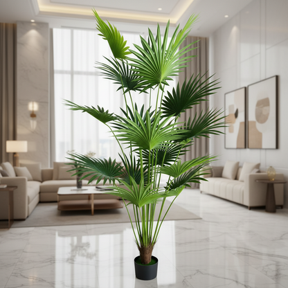 Decorațiune Palmier Livistona Evantai, 15 frunze, Plastic, 200 cm, Verde