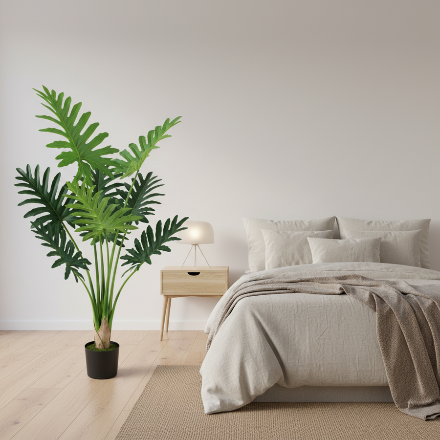 Decorațiune Thaumatophyllum Bipinnatifidum, 8 frunze, Plastic, 140 cm, Verde