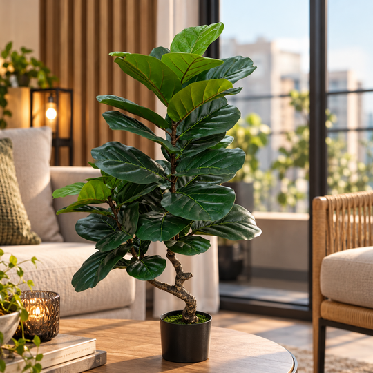 Artificial Ficus Tree Plant, 2 Branches, 67 cm, Green, with Pot