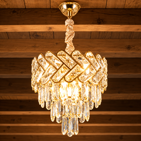 Crystal Chandelier VECTOR Petito 3xE14, Diameter 28cm, Shiny Gold, Adjustable Height, Metal and Crystal