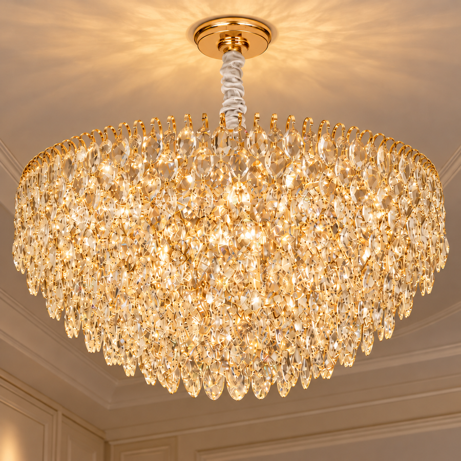 ERDENET Regalis Crystal Chandelier, 22xE14, Diameter 80 cm, Metal and Crystal, Shiny Gold, Adjustable Height