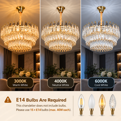 Crystal Chandelier MAJESTIC Magno 15x E14, Diameter 60cm, Shiny Gold, Adjustable Height