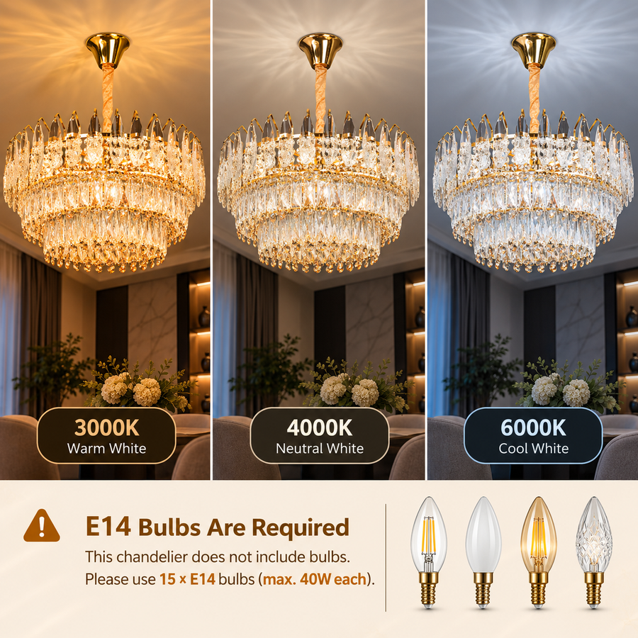 Crystal Chandelier MAJESTIC Magno 15x E14, Diameter 60cm, Shiny Gold, Adjustable Height