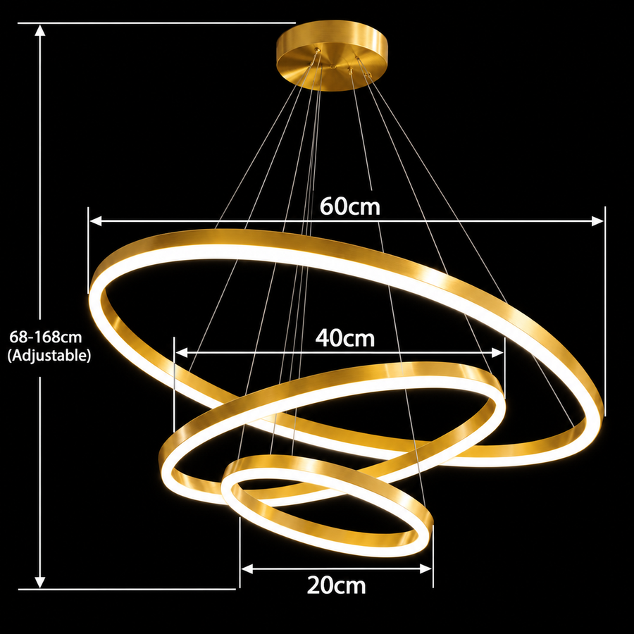 Suspended LED chandelier with remote control ELIZABETH, 85W, 3 Circles, Cold/Warm/Neutral light, Dimmable, Shiny Gold, Adjustable Height
