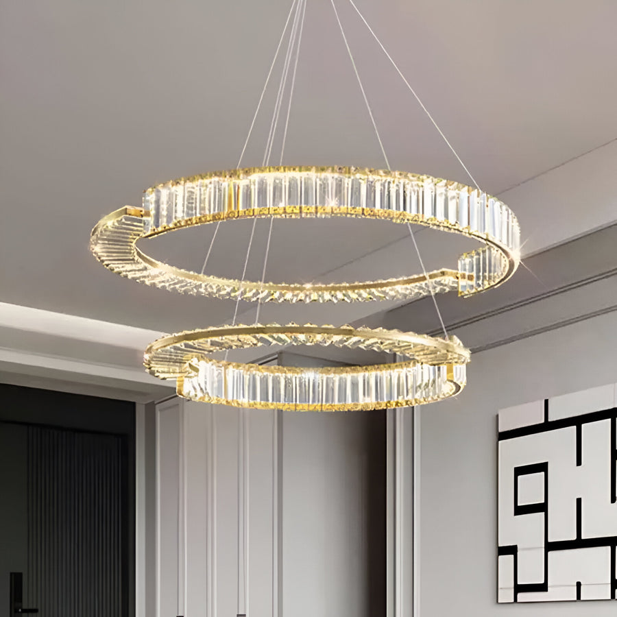 LED Chandelier PRISM Regal, Gold, Metal and Crystal, Dimmable, Adjustable Height, Elegant Design, Cold/Warm/Neutral Light