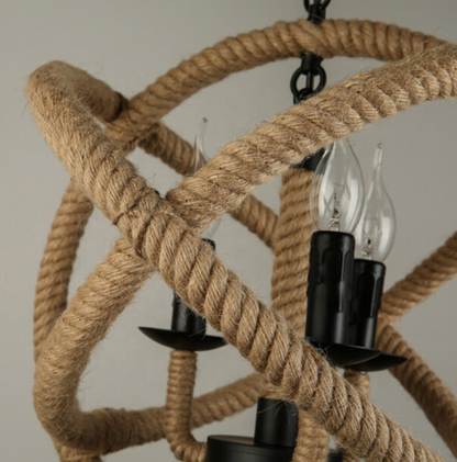 Vintage Chandelier LV585/4BK, 4xE14, Rustic Barn, String and Metal, 30cm, Black