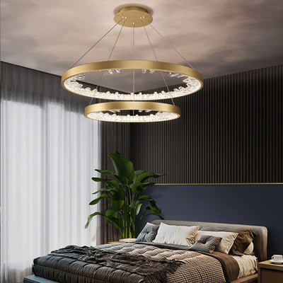 Suspended LED chandelier with remote control, K9 Crystals, 73W, 2 Circles, 60 cm, Cold/Warm/Neutral light, Dimmable, Gold, Height Adjustable