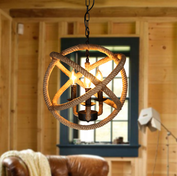 Vintage Chandelier LV585/4BK, 4xE14, Rustic Barn, String and Metal, 30cm, Black