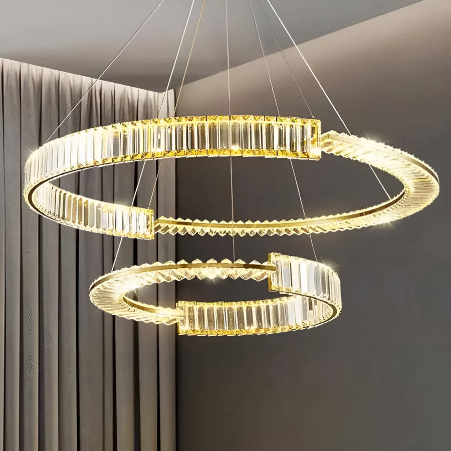 LED Chandelier PRISM Regal, Gold, Metal and Crystal, Dimmable, Adjustable Height, Elegant Design, Cold/Warm/Neutral Light