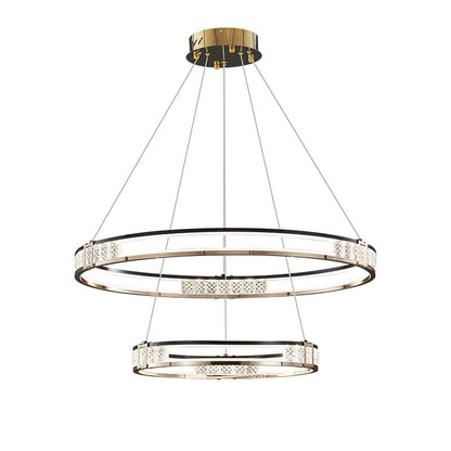 Suspended LED chandelier with remote control and crystal ROGER 100W, 2 Circles, Cold/Warm/Neutral light, Dimmable, Shiny Gold, Adjustable Height