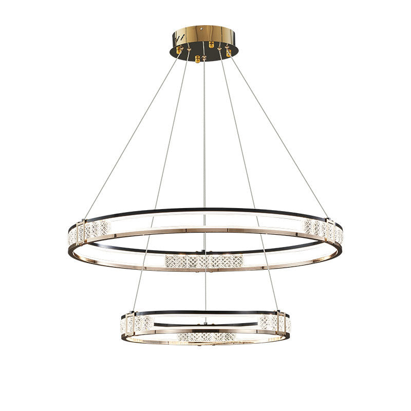 Suspended LED chandelier with remote control and crystal ROGER 100W, 2 Circles, Cold/Warm/Neutral light, Dimmable, Shiny Gold, Adjustable Height