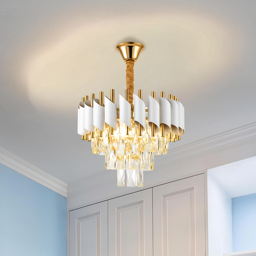 VERSAILLES Petito Crystal Chandelier 3xE14, Diameter 30cm, Shiny Gold and White, Adjustable Height