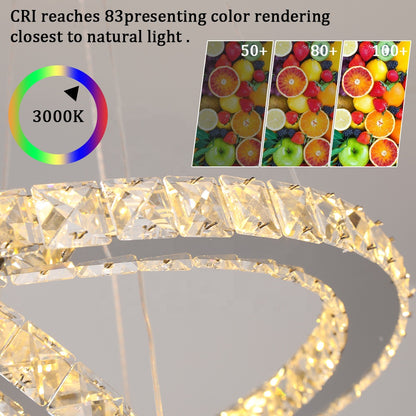 Suspended LED chandelier with remote control and crystal CAYDEN 200W, 3 Circles, Cold/Warm/Neutral light, Dimmable, Shiny Chrome, Adjustable Height