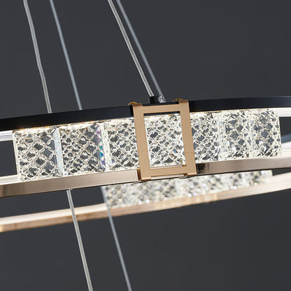 Suspended LED chandelier with remote control and crystal ROGER 100W, 2 Circles, Cold/Warm/Neutral light, Dimmable, Shiny Gold, Adjustable Height