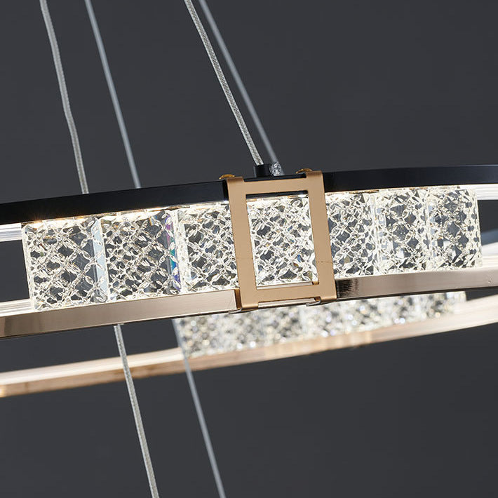 Suspended LED chandelier with remote control and crystal ROGER 100W, 2 Circles, Cold/Warm/Neutral light, Dimmable, Shiny Gold, Adjustable Height