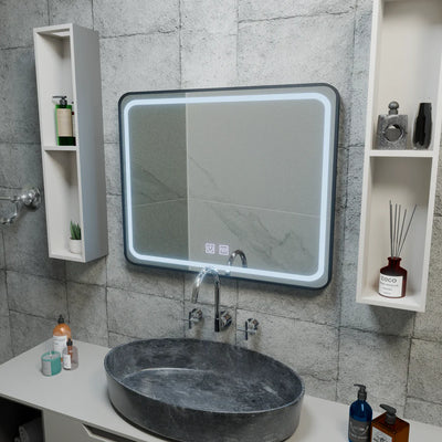 Rectangular LED Mirror 90x75cm EDGE Touch Demister System, Black Frame