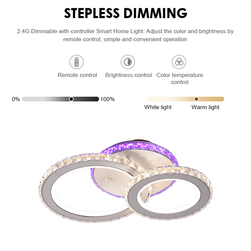 LED chandelier with remote control and crystal NOVA ROTONDA RGB 43W, 2 Circles, Cold/Warm/Neutral light, Dimmable, White