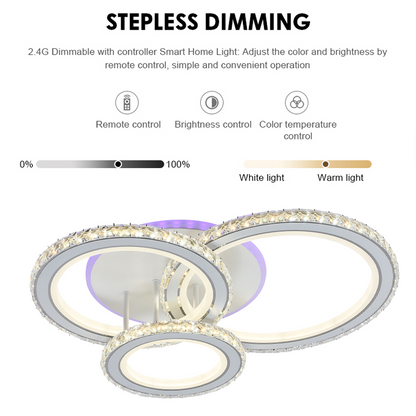 LED chandelier with remote control and crystal NOVA ROTONDA RGB 154W, 3 Circles, Cold/Warm/Neutral light, Dimmable, White