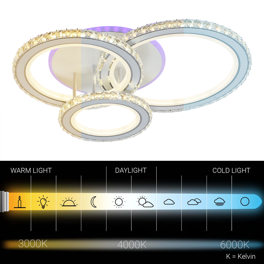 LED chandelier with remote control and crystal NOVA ROTONDA RGB 154W, 3 Circles, Cold/Warm/Neutral light, Dimmable, White