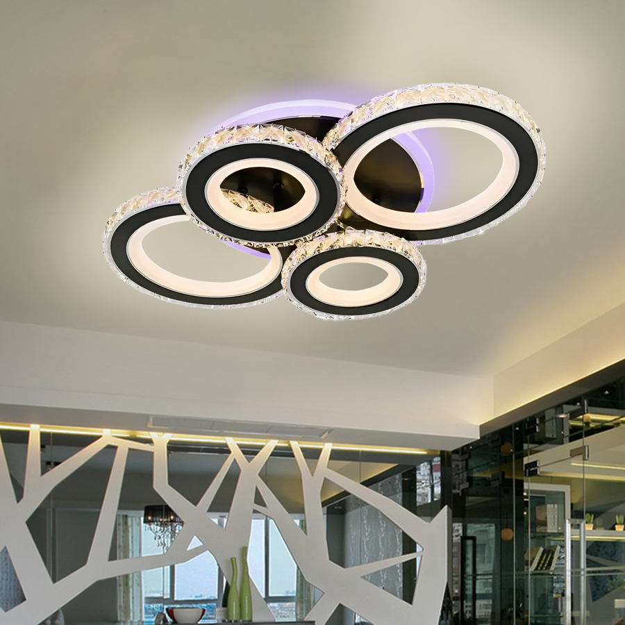LED chandelier with remote control and crystal NOVA ROTONDA RGB 68W, 4 Circles, Cold/Warm/Neutral light, Dimmable, Black