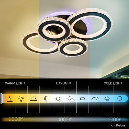 LED chandelier with remote control and crystal NOVA ROTONDA RGB 68W, 4 Circles, Cold/Warm/Neutral light, Dimmable, Black