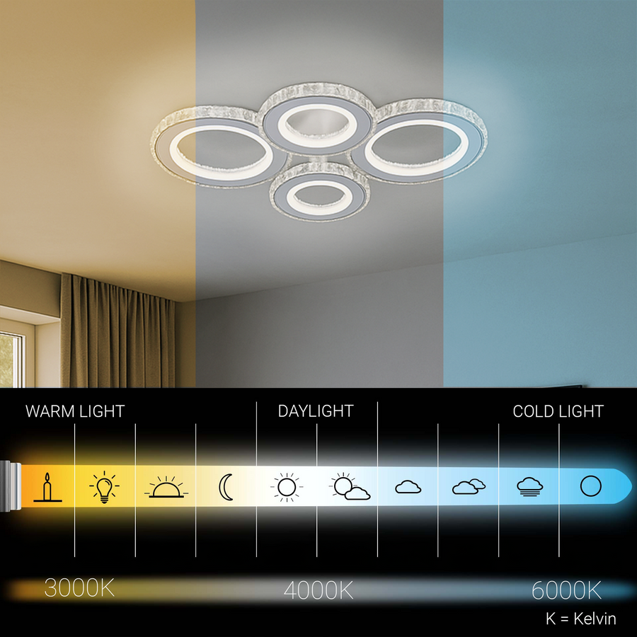 LED chandelier with remote control and crystal NOVA ROTONDA RGB 86W, 4 Circles, Cold/Warm/Neutral light, Dimmable, White