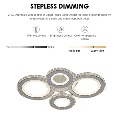 LED chandelier with remote control and crystal NOVA ROTONDA RGB 86W, 4 Circles, Cold/Warm/Neutral light, Dimmable, White