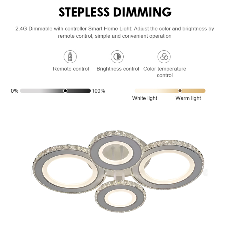 LED chandelier with remote control and crystal NOVA ROTONDA RGB 86W, 4 Circles, Cold/Warm/Neutral light, Dimmable, White