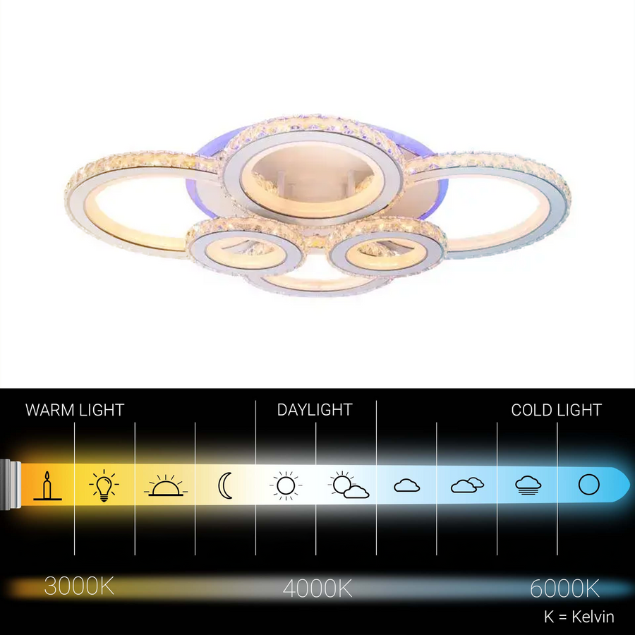 LED chandelier with remote control and crystal NOVA ROTONDA RGB 154W, 6 Circles, Cold/Warm/Neutral light, Dimmable, White