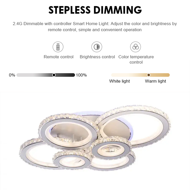 LED chandelier with remote control and crystal NOVA ROTONDA RGB 154W, 6 Circles, Cold/Warm/Neutral light, Dimmable, White