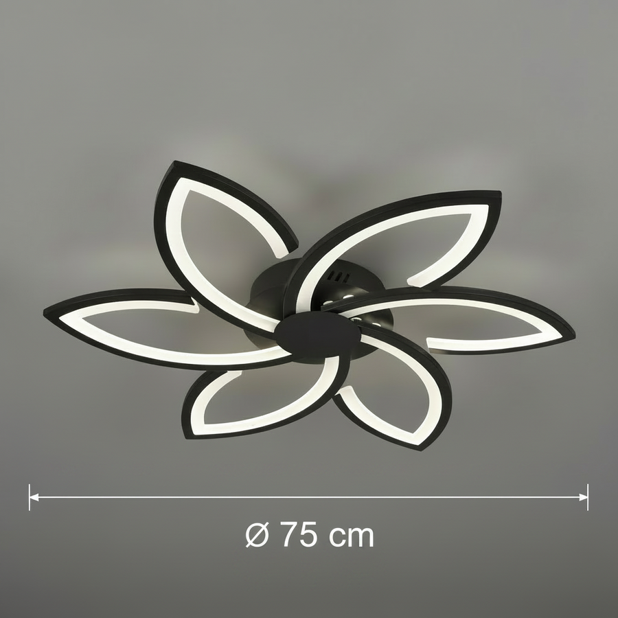LED chandelier with remote control and crystal FLORA 82W, 6 Petals, Cold/Warm/Neutral light, Dimmable, Black