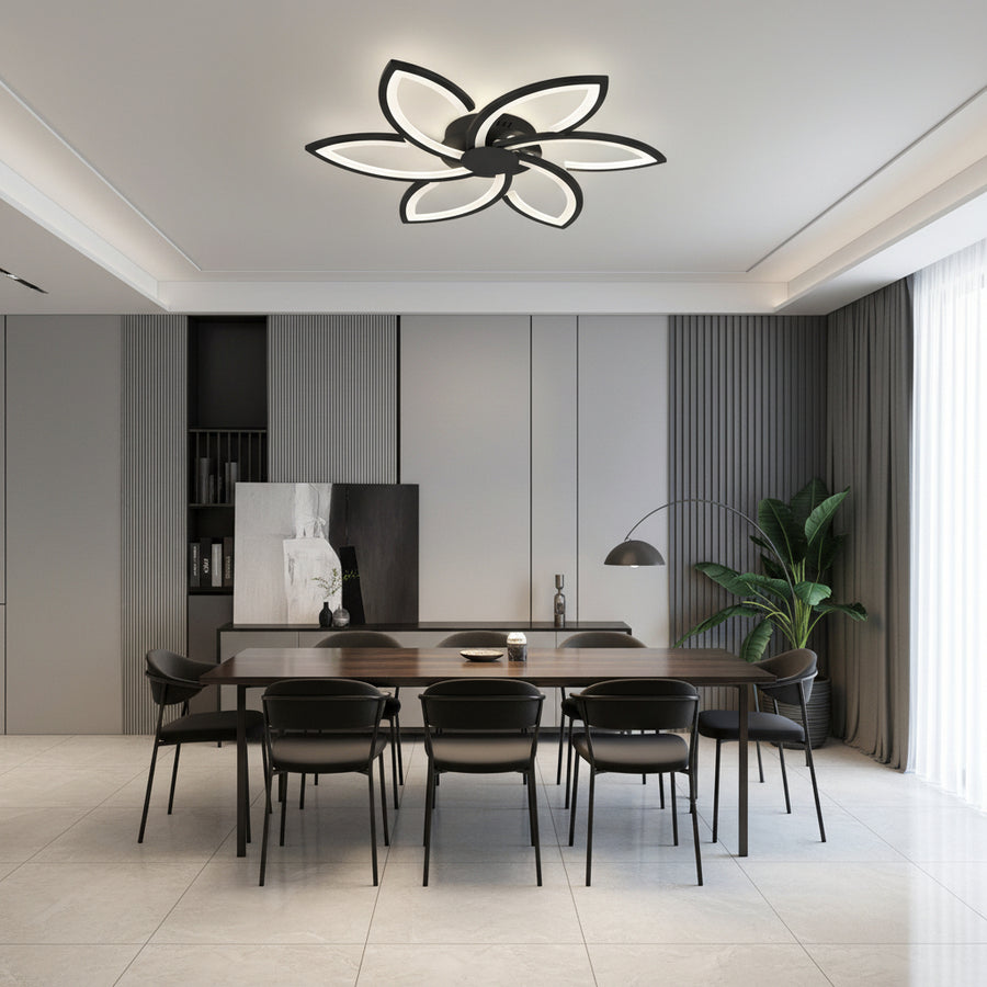 LED chandelier with remote control and crystal FLORA 82W, 6 Petals, Cold/Warm/Neutral light, Dimmable, Black