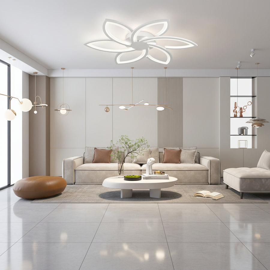 LED chandelier with remote control and crystal FLORA 82W, 6 Petals, Cold/Warm/Neutral light, Dimmable, White