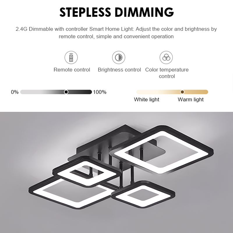 LED chandelier with remote control ELLA 85W, 4 Squares, Cold/Warm/Neutral light, Dimmable, Black