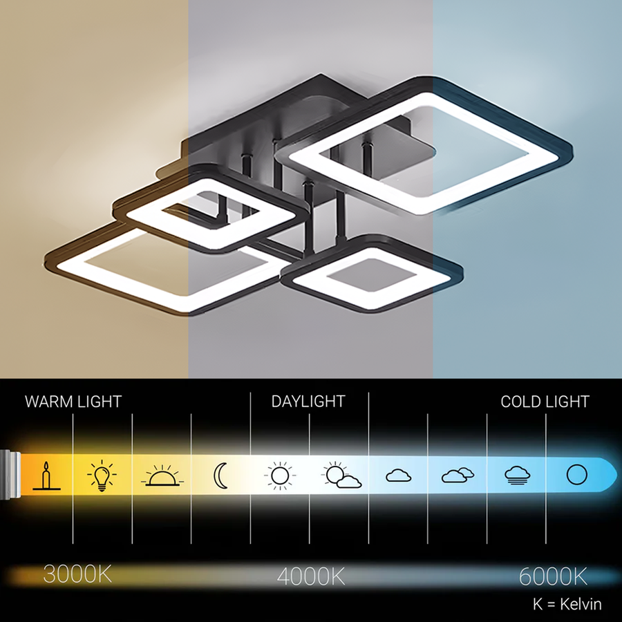LED chandelier with remote control ELLA 85W, 4 Squares, Cold/Warm/Neutral light, Dimmable, Black