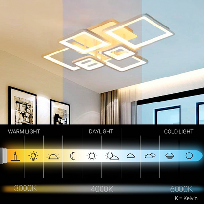 LED chandelier with remote control ELLA 124W, 6 Squares, Cold/Warm/Neutral light, Dimmable, White