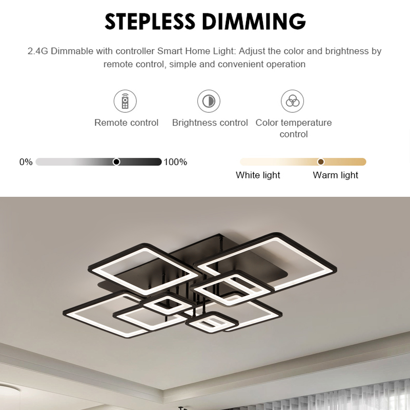 LED chandelier with remote control ELLA 203W, 8 Squares, Cold/Warm/Neutral light, Dimmable, Black