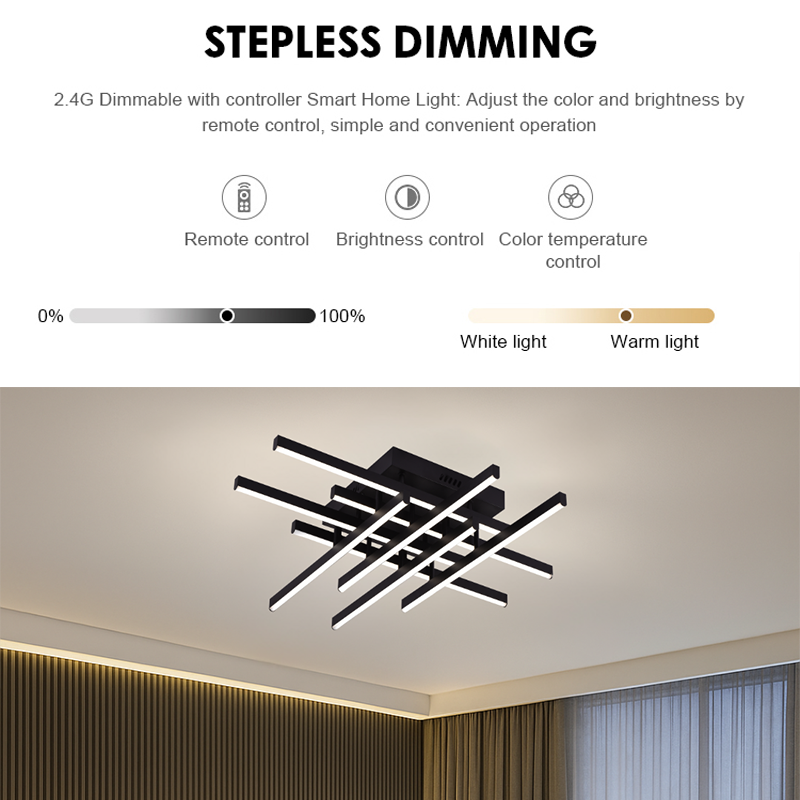 LED Chandelier with Remote Control LINEX, 90W, 8 elements, Cold/Warm/Neutral Light, Dimmable, Black