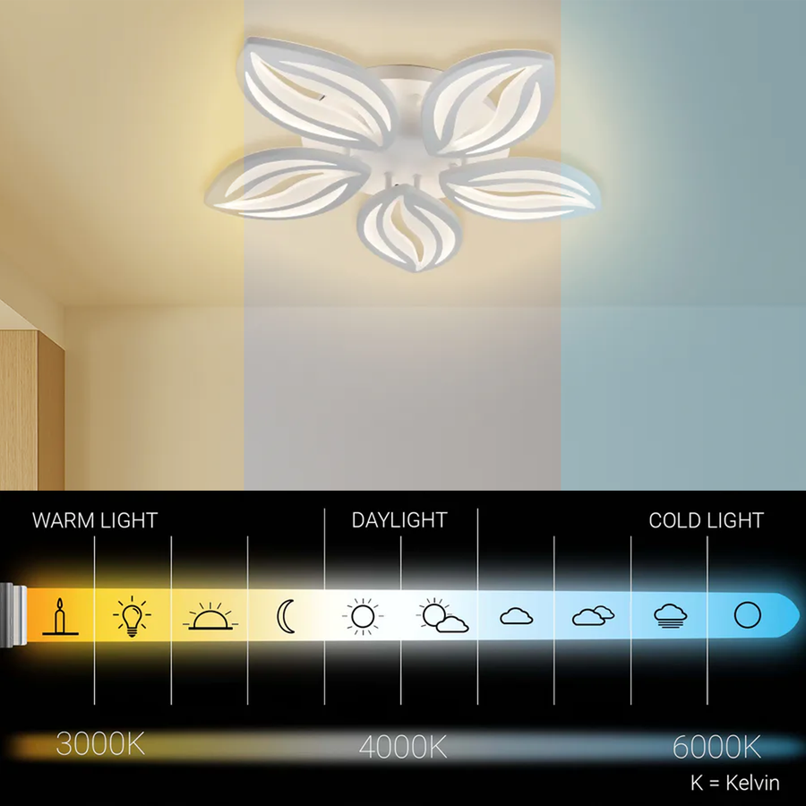 LED chandelier with remote control ORCHID 65W, 5 Petals, Cold/Warm/Neutral light, Dimmable, White