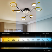 LED chandelier with remote control and crystal GUIDA 38W, 6 Elements, Cold/Warm/Neutral light, Dimmable, Black Gold