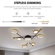 LED chandelier with remote control and crystal GUIDA 38W, 6 Elements, Cold/Warm/Neutral light, Dimmable, Black Gold