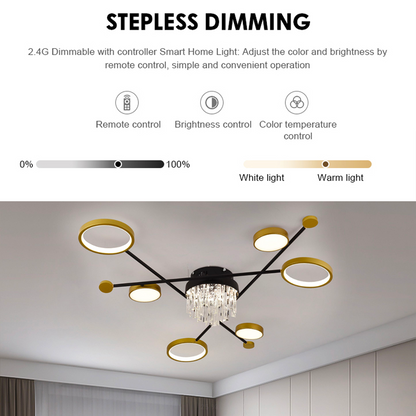 LED chandelier with remote control and crystal GUIDA 38W, 6 Elements, Cold/Warm/Neutral light, Dimmable, Black Gold