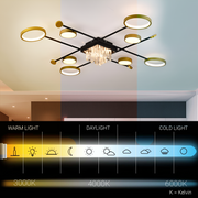 LED chandelier with remote control and crystal GUIDA 46W, 8 Elements, Cold/Warm/Neutral light, Dimmable, Black Gold