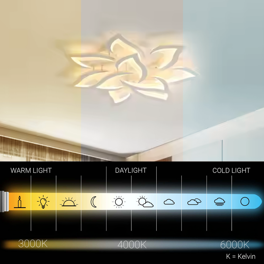 LED chandelier with remote control LOTUS 92W, 9 Petals, Cold/Warm/Neutral light, Dimmable, White